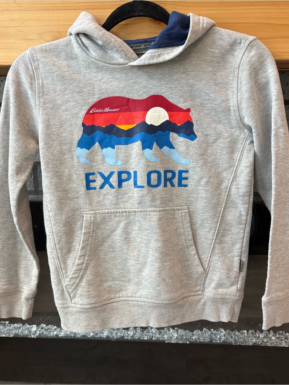 Eddie Bauer navy and gray kids hoodie with bear and sunset print